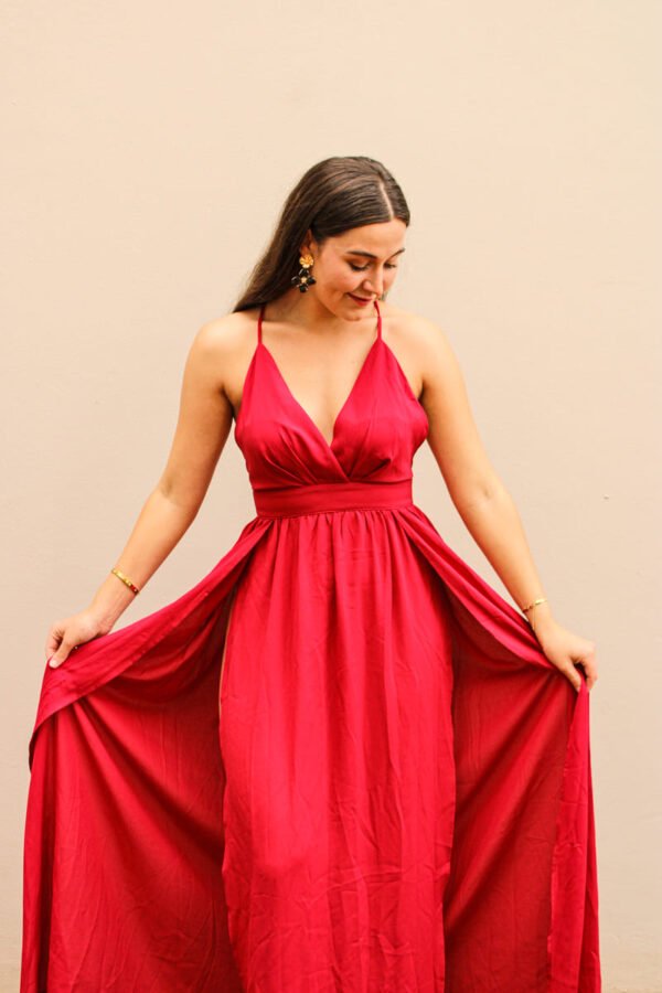 Red double slit dress rental in Stellenbosch - Rokkies