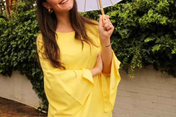 Rent the Sun's Up short yellow shift dress with wide sleeves in Stellenbosch, South Africa from Rokkies.