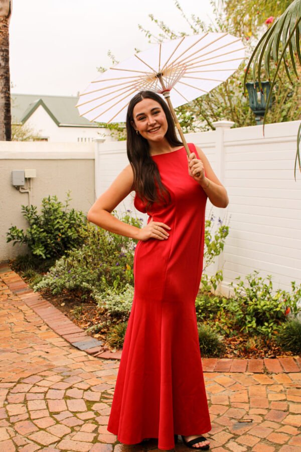 Rent the Red maxi dress with a low open back and short sleeves in Stellenbosch, South Africa from Rokkies.